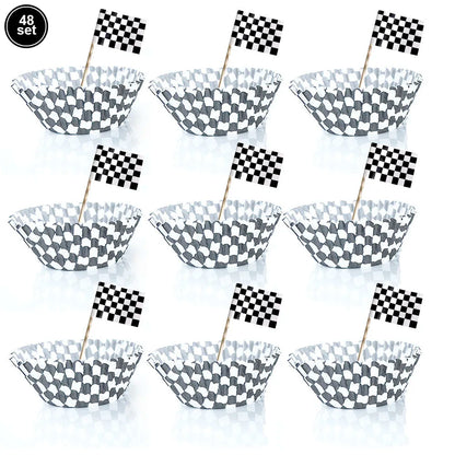 Racing Car Theme 3-Tier Round Cardboard Cupcake Stand Cars Birthday Party Tablecloth Black and White Checkered Decor Supplies