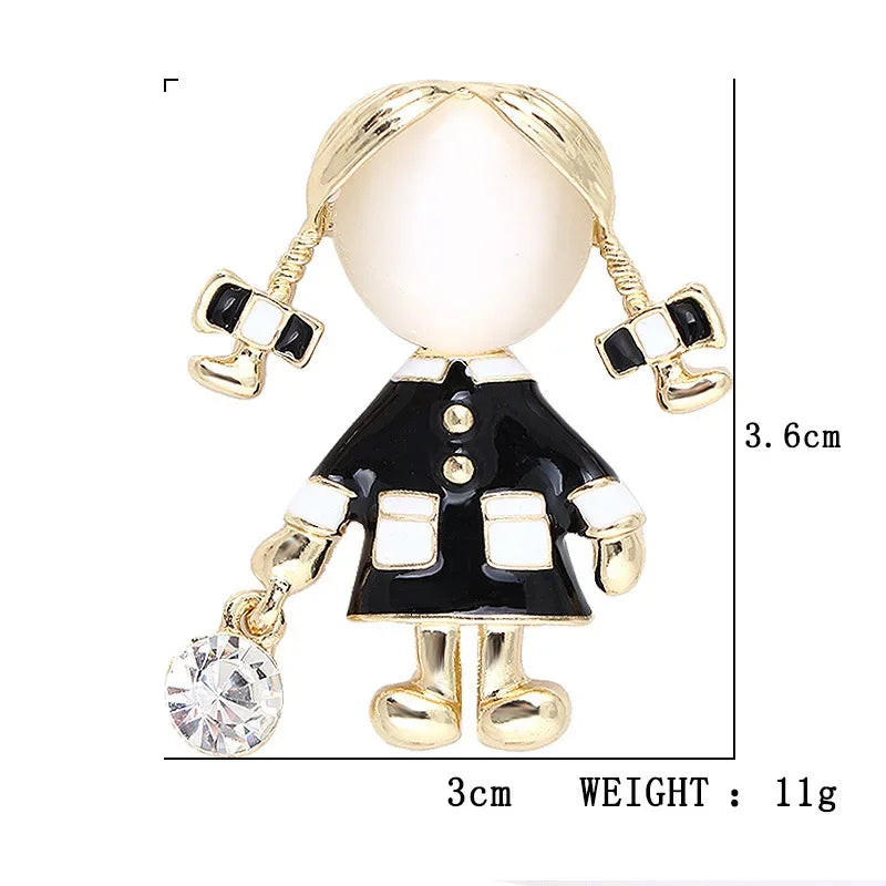 Small Cute Little Girl In Black Dress Nurse Brooches Rhinestone Crystal Brooch Pin Drop Oil Corsage Clothing Coat Jewelry