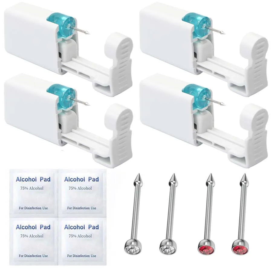 4PCS Self Hypoallergenic Nose Piercing Kit-Disposable Nose Piercing Gun with Built-in Nose Studs