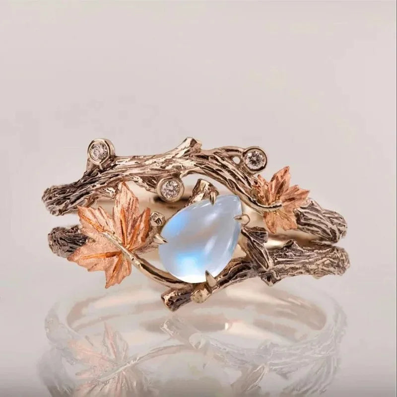 Luxury Vintage Niche Design Tree Branch Maple Leaf Double Layer Ring Women Men Light Luxury White Gemstone Holiday Party Jewe