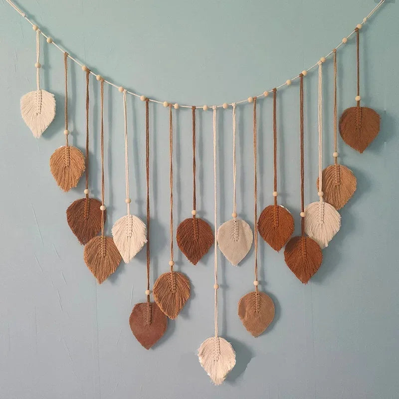 Boho Home Decoration, Macrame Tapestry Macrame Leaf Feather Wall Hanging Decor for Living Room Bedroom, Boho Wall Art Home De