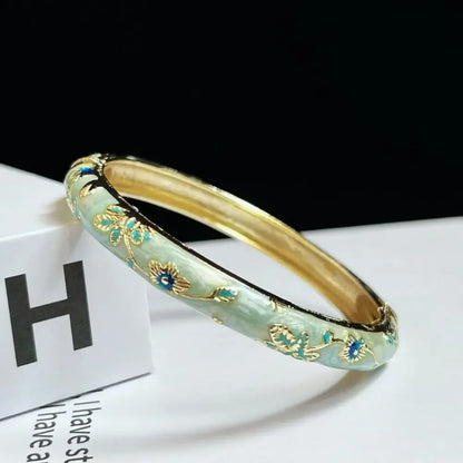 Enamel Chinese Cloisonne Bracelet Double Bangle Traditional Peony Filigree Flower Bangle Ethnic Vintage Women's Hand Bracelet
