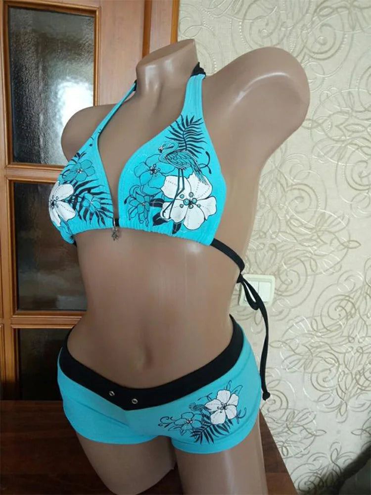 Vintage Flower print Cutie set Bikini 2000s Swimsuit Sexy Women Bathing Fashion Halter Strap Swimwear High Street Beach Femal