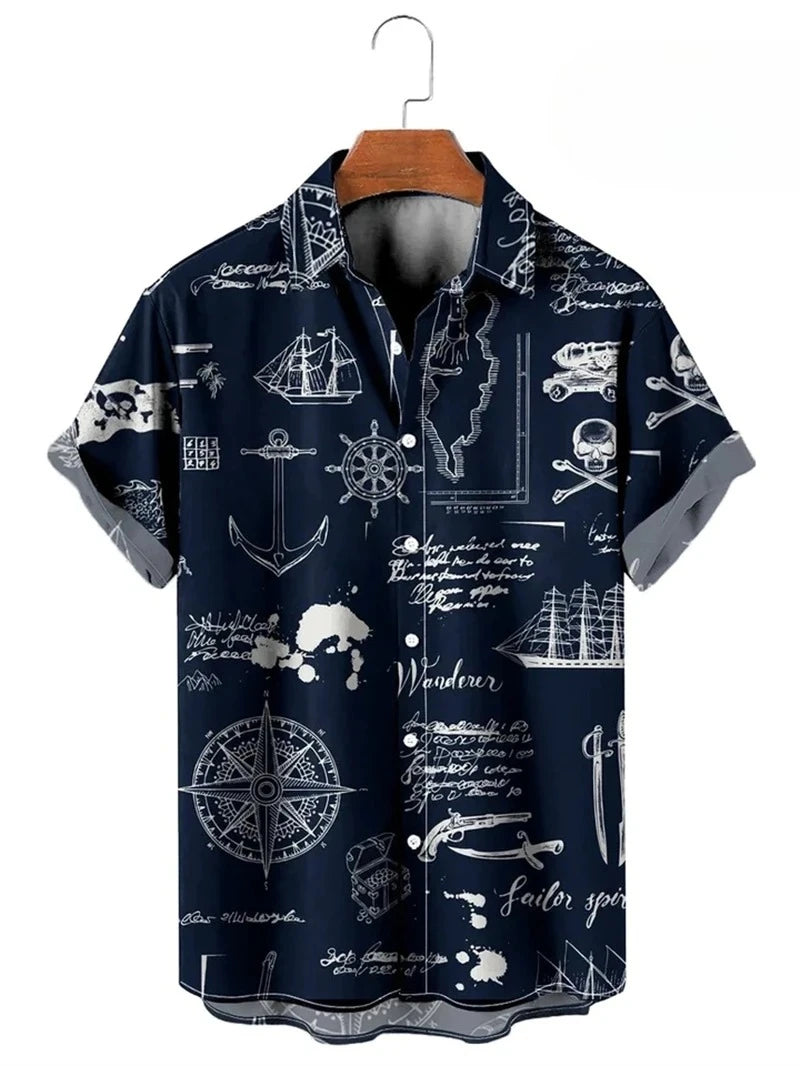Vintage Button Up Shirt Man 3d Map Printed Short Sleeve Hawaiian Shirt Lapel Men's Clothing Casual Fashion Tops Oversized Tsh