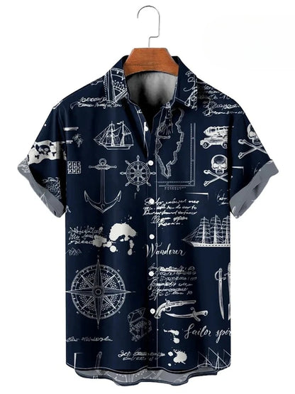Vintage Button Up Shirt Man 3d Map Printed Short Sleeve Hawaiian Shirt Lapel Men's Clothing Casual Fashion Tops Oversized Tsh