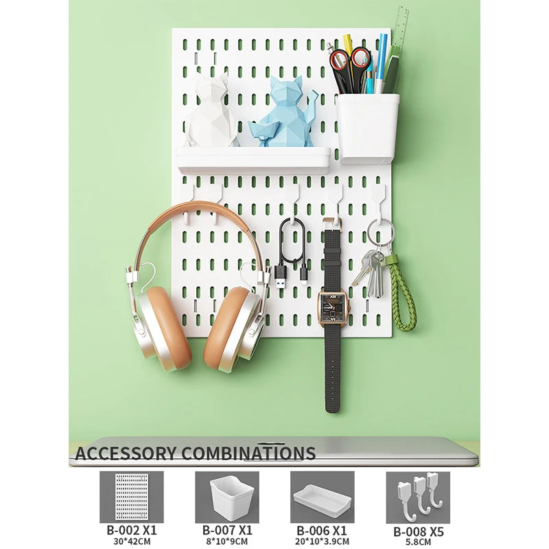 Home Office Pegboard Wall Storage Panel, PP Plastic Hole Board with Multi Hooks Shelf for Study Desk Stationery, Black White 