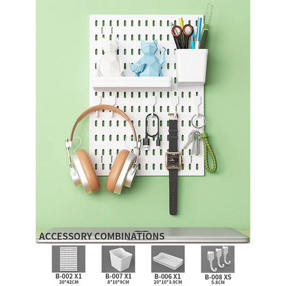Home Office Pegboard Wall Storage Panel, PP Plastic Hole Board with Multi Hooks Shelf for Study Desk Stationery, Black White 
