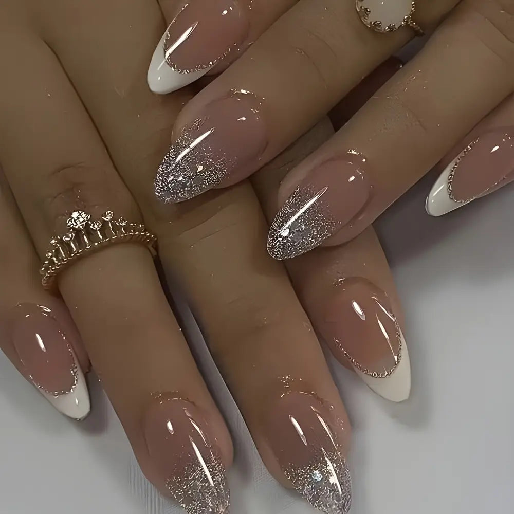 24PCS/ Almond Fake Nails Instantly Upgrade Your Look, Pink and White Set Off by Gold Lines, Simple and Generous, Suitable for