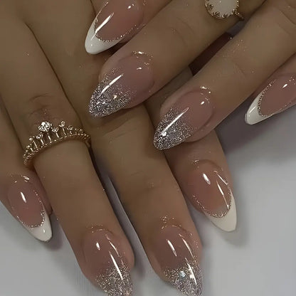 24PCS/ Almond Fake Nails Instantly Upgrade Your Look, Pink and White Set Off by Gold Lines, Simple and Generous, Suitable for