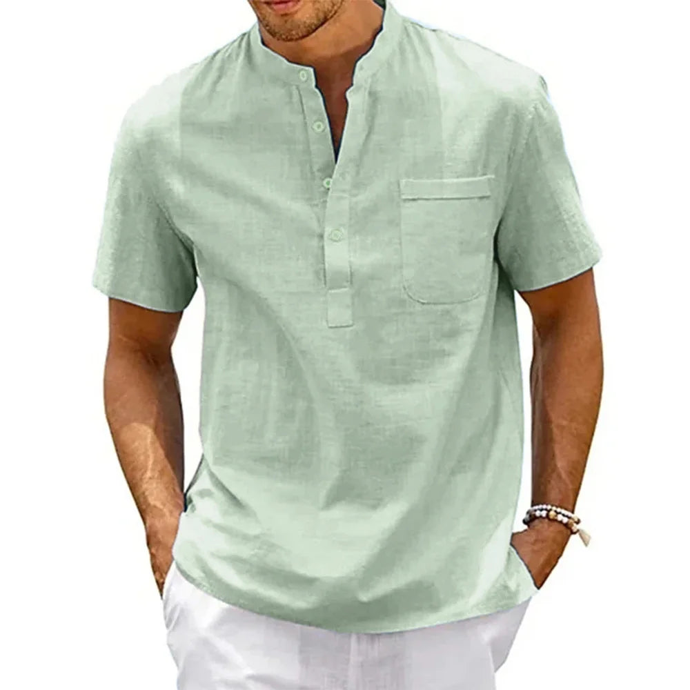Cotton Linen Shirt Men Henley Neck Pocket Casual Beach Short Sleeve Solid Color Male Tops T-shirts Vintage Streetwear - green