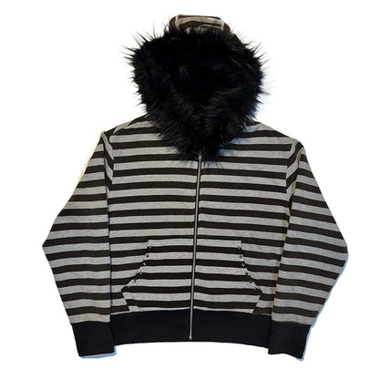 Goth Aesthetic Women Hoodie Harajuku Retro Y2K Emo Girl Fur Collar Cardigan Sweatshirt Rock Punk Hip Hop Casual Loose Streetw