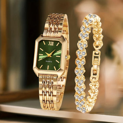 2PCS/Set Fashion Rectangle Women Quartz Watch Ladies Roma Dial Wristwatches Rhinestone Bracelet Set Reloj Mujer Girls Clock G