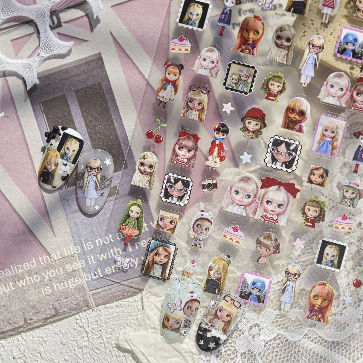 Sweet Cool Y2K Vintage Nostalgic Rag Doll Cartoon Nail Stickers, Retro Doll Nails Art Decals for Manicure Decor
