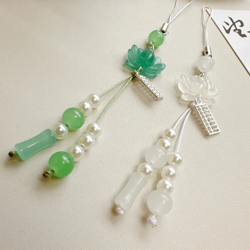 New Chinese-style Handmade Beaded Lotus Pendant Key Chains Mobile Phone Chain for Women Men Ethnic Charm Jewelry Accessory Gi
