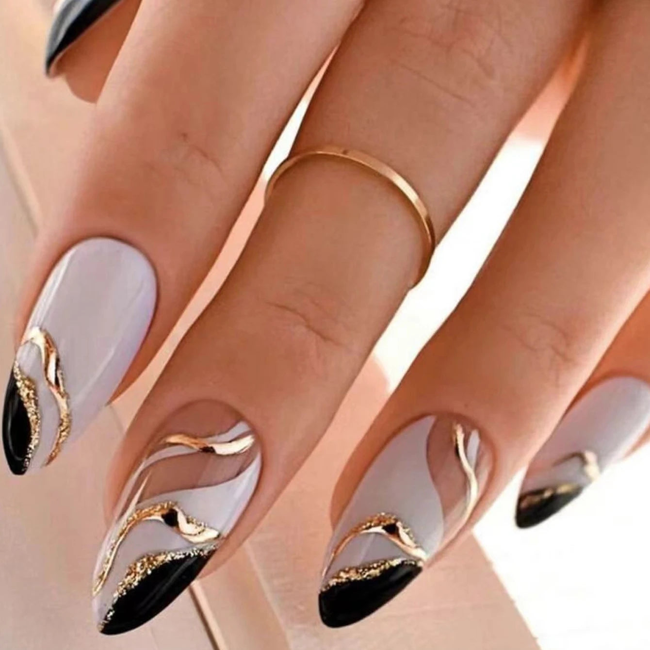 24PCS/ Almond Fake Nails Instantly Upgrade Your Look, Pink and White Set Off by Gold Lines, Simple and Generous, Suitable for