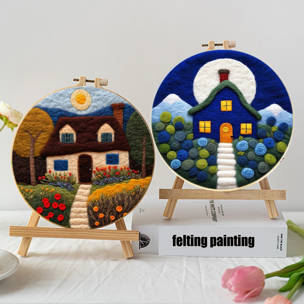 PhotoCustom Diy Felting Kit Wool Felting Painting With Complete Kit House Landscape Wool Needle Felt Picture Kit Felt Craft N
