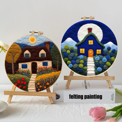 PhotoCustom Diy Felting Kit Wool Felting Painting With Complete Kit House Landscape Wool Needle Felt Picture Kit Felt Craft N