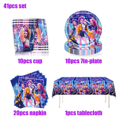 K Pop Birthday Party Decoration Tableware Set - Napkin Tablecloth Banner Paper Plates Slap Bracelets Stamps Baby Shower Suppl