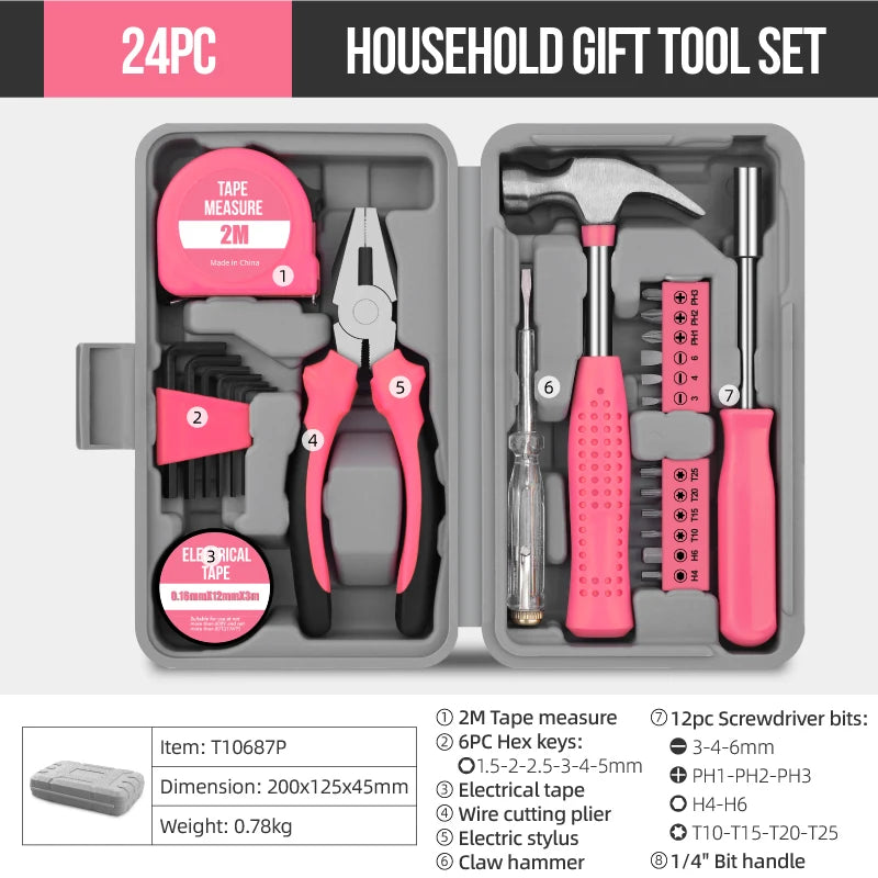 Hi-Spec 18/19/20PCs Pink DIY Tool Kit with Electric Pen & CR-V Steel - Home Maintenance Hand Tools Set for Women & Car Care -