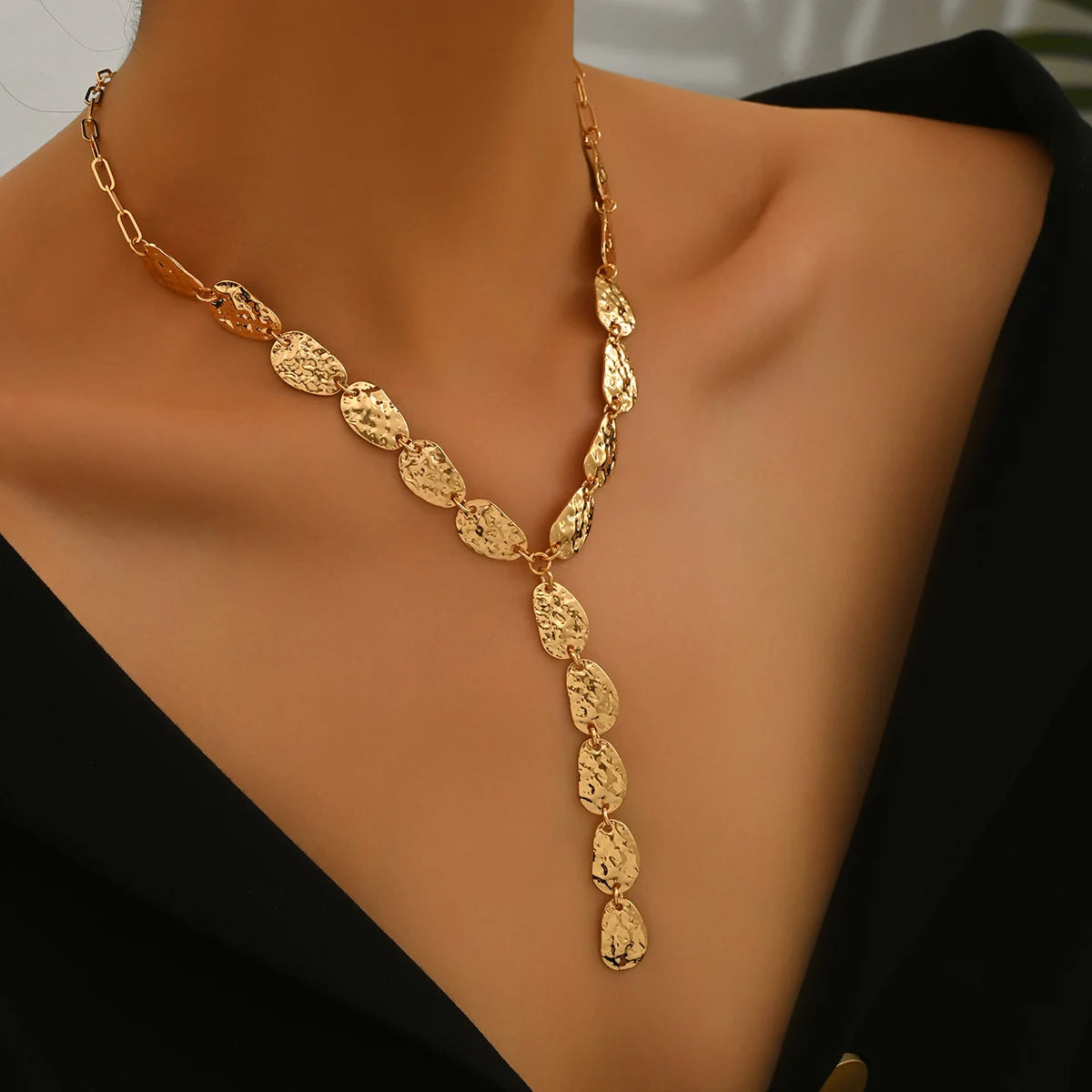 Vintage Y Shaped Lariat Necklace Gold Irregular Hammered Pendant Hypoallergenic Dainty Minimalist Daily Jewelry Gift for Wome