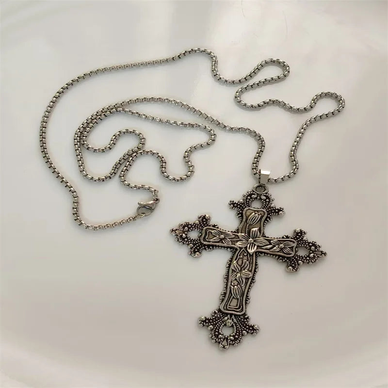 Vintage Cross Pendant Necklace Unisex Versatile Simple Long Sweater Chain Hip Hop Accessory - 11