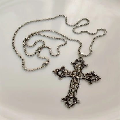 Vintage Cross Pendant Necklace Unisex Versatile Simple Long Sweater Chain Hip Hop Accessory - 11