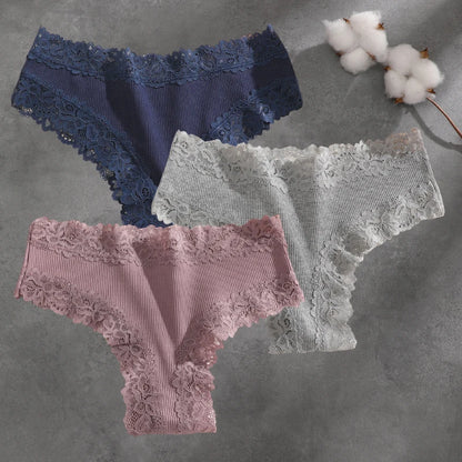 3Pcs Cotton Lace Patchwork Bikini Panties Women Seamless Floral Print Brazilian Pants Low Waist Breathable Female Sexy Linger