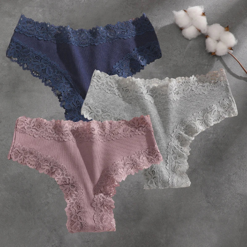 3Pcs Cotton Lace Patchwork Bikini Panties Women Seamless Floral Print Brazilian Pants Low Waist Breathable Female Sexy Linger