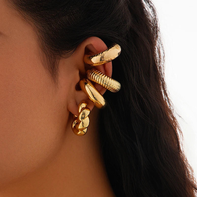 Fashion 4pcs C Shaped Acrylic Ear Clip for Women Simple Gold Silver Color No Pierced Round Earrings Punk Female Jewelry - Gol