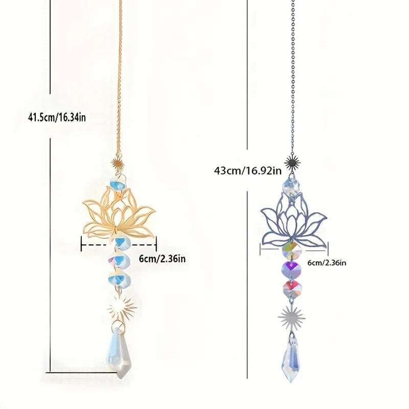 1PcMetalLotusandArtificial Crystal Suncatcher Charm Handmade Applicable Home Wind Chime Pendant Outdoor Garden Plant Decorati