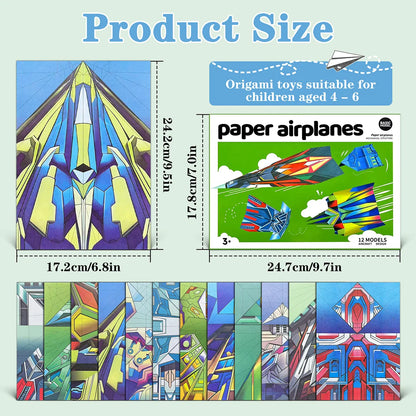 Paper Airplane Kits with 12 Classic Designs, Colorful Origami Paper, World Record Paper Planes, Airplane For School Students(