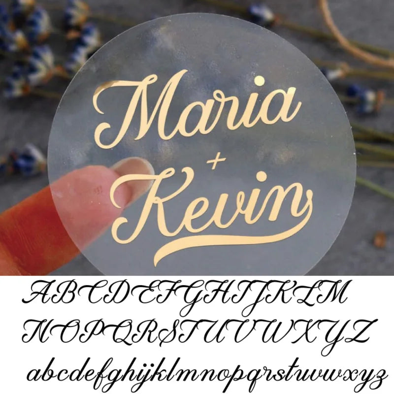 50 X Foiled Wedding Monogram Initials Stickers, Personalised Wedding Favour Labels, Custom Shiny Foil Gold Transparent - 119 