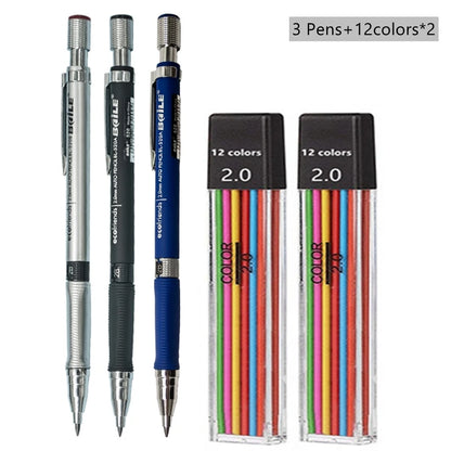 Mechanical Pencil Set 2.0 mm with 2B Black/Colors Lead Refill For Writing Sketching Art Drawing Painting School Automatic Pen