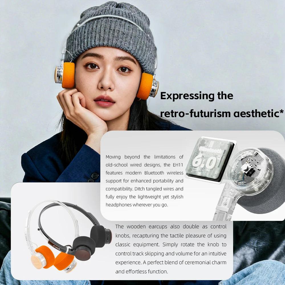 FIIO EH11 On-Ear Bluetooth Headphones, Powerful Bass & LDAC Hi-Res Audio, Lightweight Retro Design, 30H Battery, Dual Device 