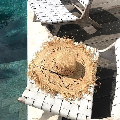Boater Straw Hat wide brim French elegant square ribbon women's sun hat holiday straw hat 모자 햇빛 가리개