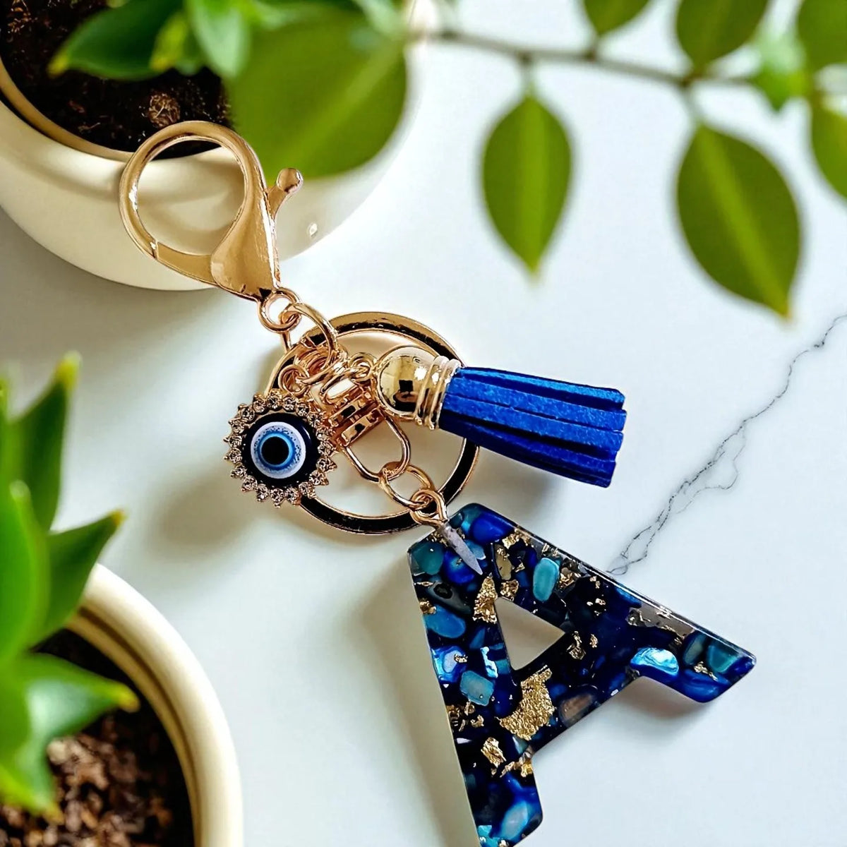 Blue Resin Initial Keychain - Evil Eye Letter Charm with Rhinestones & Tassel, Stylish Gift for Women, Lobster Clasp Accessor