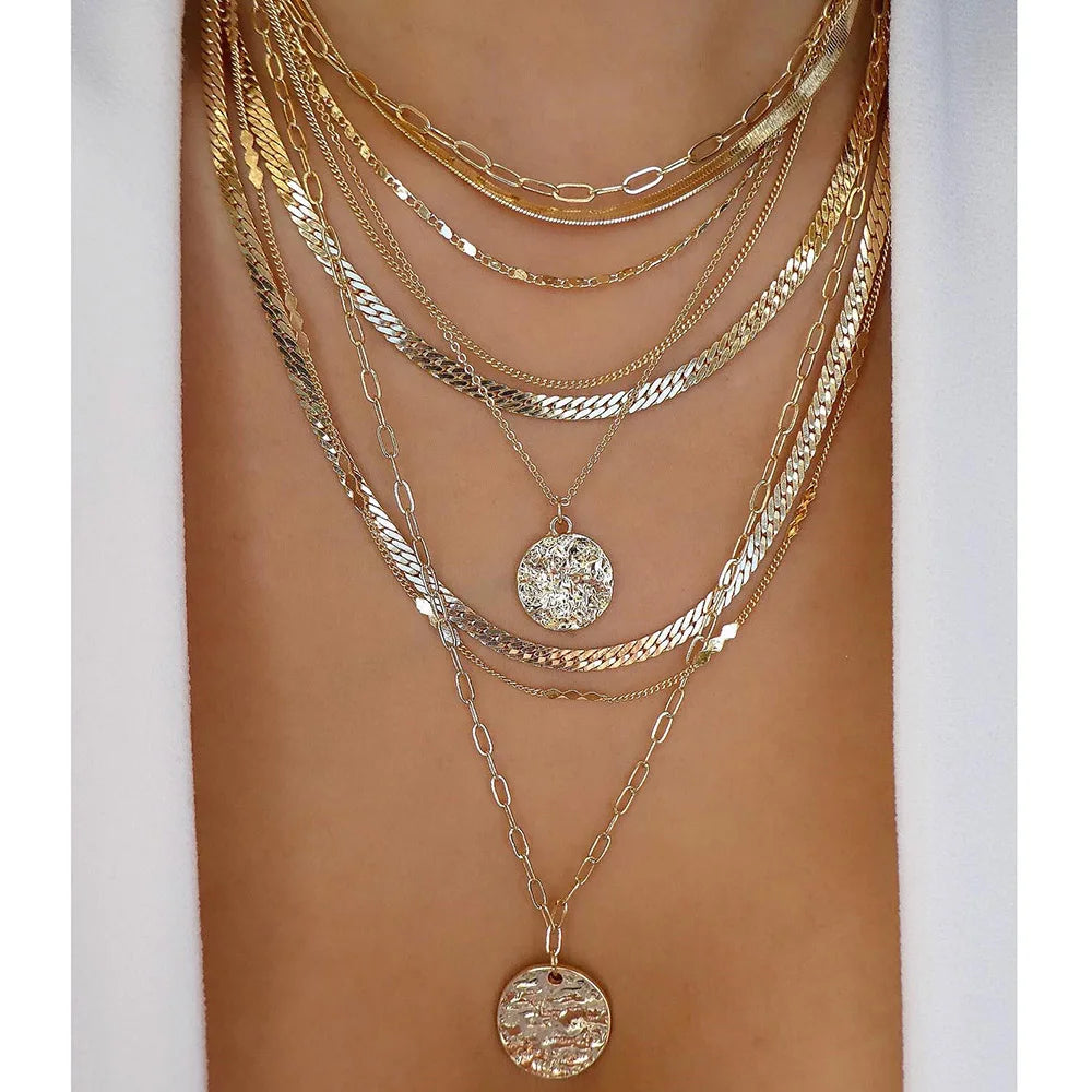 Vintage Gold Color Multiple Styles Necklace For Women Trendy Multi-Layer Disc Pendant Necklaces New Tendyaces Set Jewelry Gif