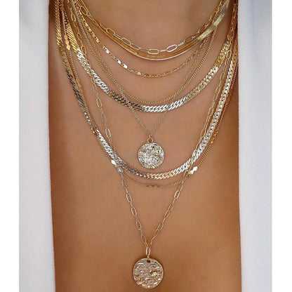 Vintage Gold Color Multiple Styles Necklace For Women Trendy Multi-Layer Disc Pendant Necklaces New Tendyaces Set Jewelry Gif