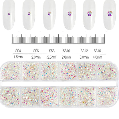 2400pcs+ Shiny Clear Crystal Gems Nail Rhinestones 1.5-4mm Mixed Round Glass Stone Flatback Nail Charms 12grids Nail Diamond 
