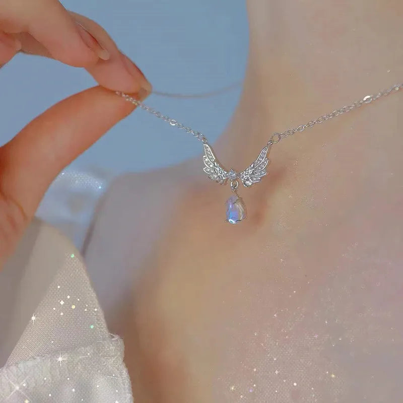 Y2K Crystal Bow Angel Wings Heart Pendant Necklace For Women Sweet Cool Girl Clavicle Chain Trendy Aesthetic Jewelry Accessor