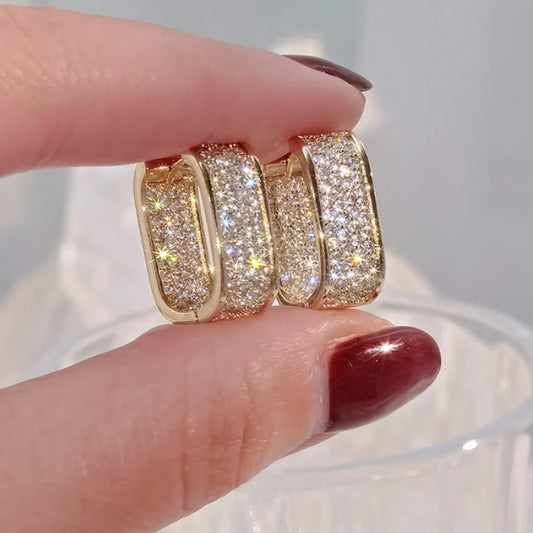 Luxury Full of Zircon Shiny Geometric Square Hoop Earrings for Women Temperament Gold Color Stainless Steel Korea Jewelry Gif