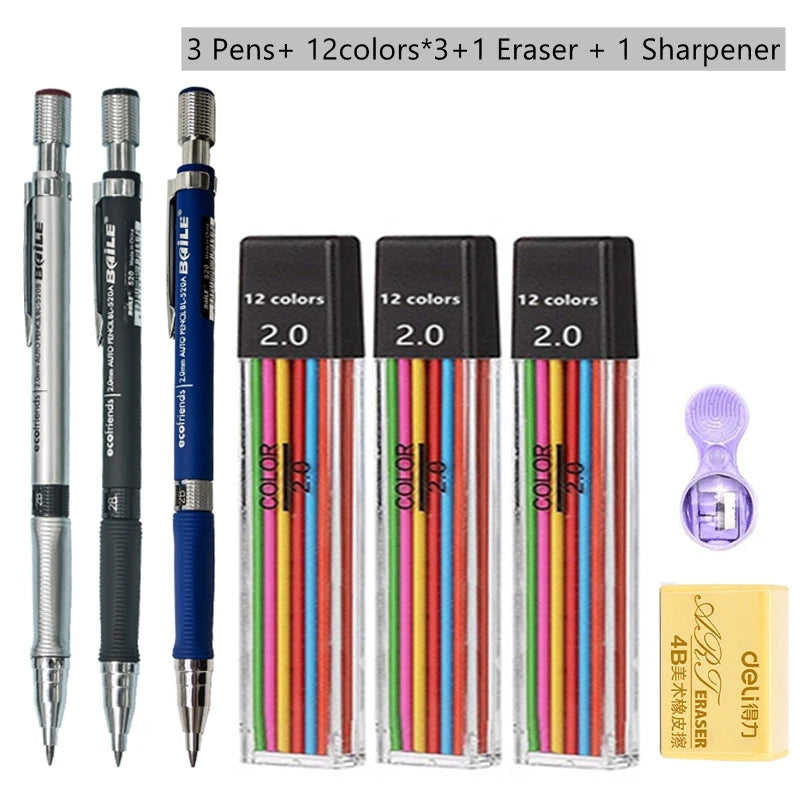 Mechanical Pencil Set 2.0 mm with 2B Black/Colors Lead Refill For Writing Sketching Art Drawing Painting School Automatic Pen
