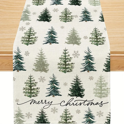 Christmas Table Runner Rectangular Festive Table Decoration, Red Christmas Trees and Snowflakes Design for Holiday Tablecloth