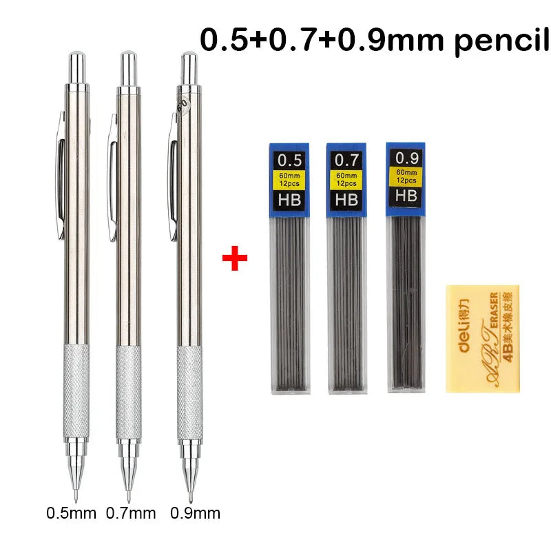 Mechanical Pencil Set 0.3 0.5 0.7 0.9 1.3 2.0mm Full Metal Art Drawing Painting Automatic Pencil with Leads Office School Sup