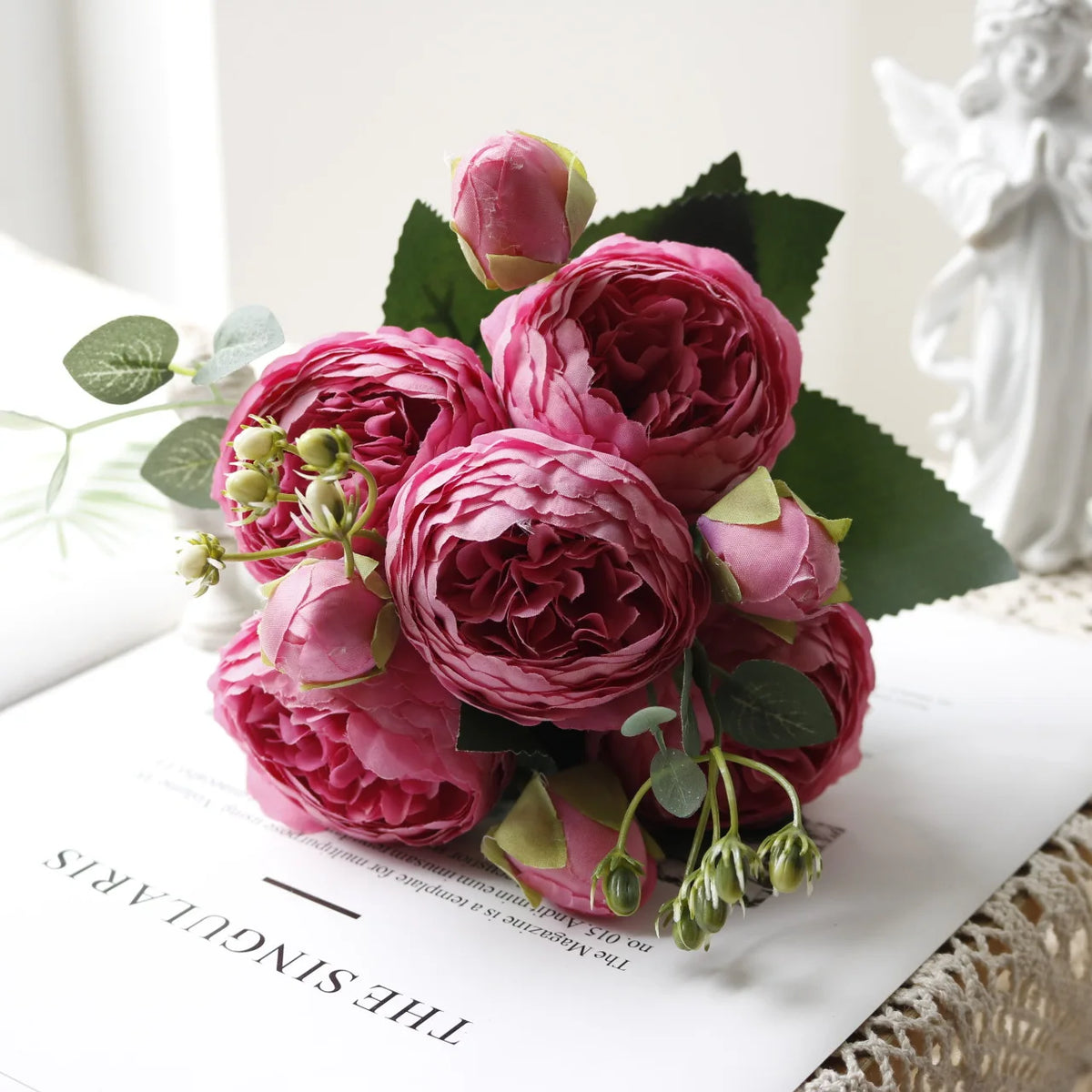 1pcs/30cm Rose Pink Silk Bouquet Peony Artificial Flower 5 Big Head 4 Small Bud Bride Wedding Home Decoration Artifi - 27