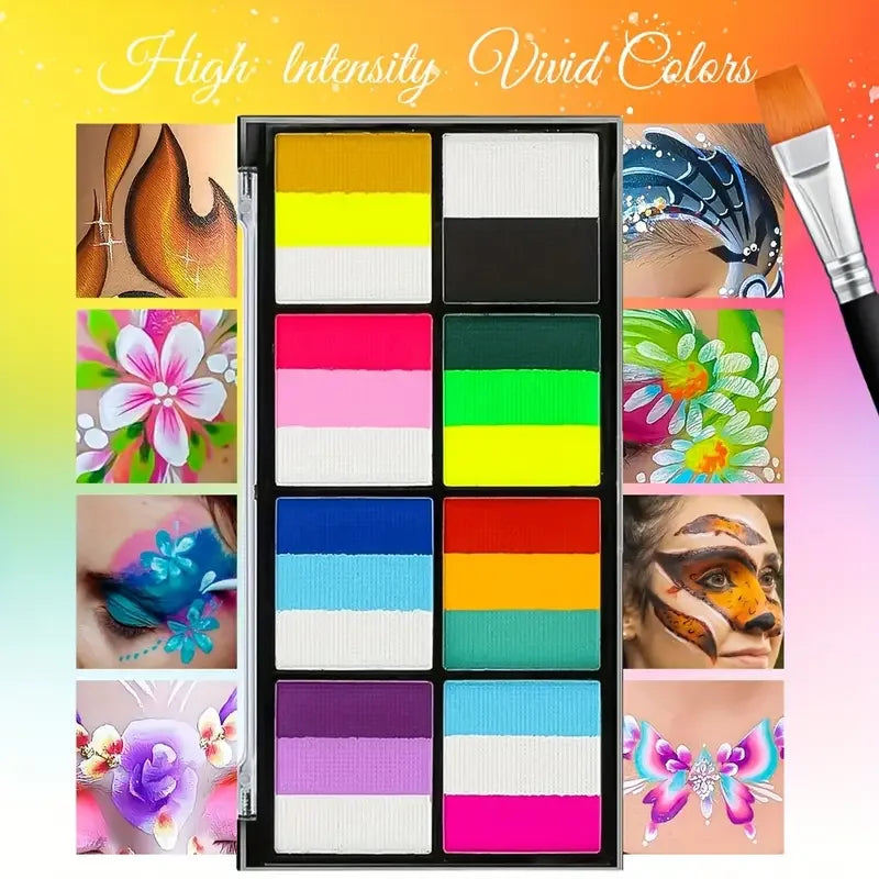 Palette Rainbow Stripe Paint Set with Brushes, Water Based Dual-Tone Face and Body Paint Palette, Christmas Halloween Cosplay
