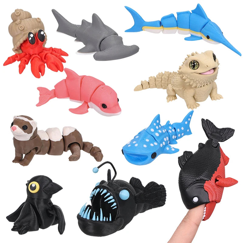 3D Printed Animal Figure Movable Joint Model Shark Bearded Dragon Dolphin Hermit Crab Ferret Raccoon Angler Fish Home Decor G