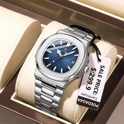 POEDAGAR Square Luxury Men Wristwatch Waterproof Luminous Date Stainless Steel Male Clock Business Sports Quartz Watches For 
