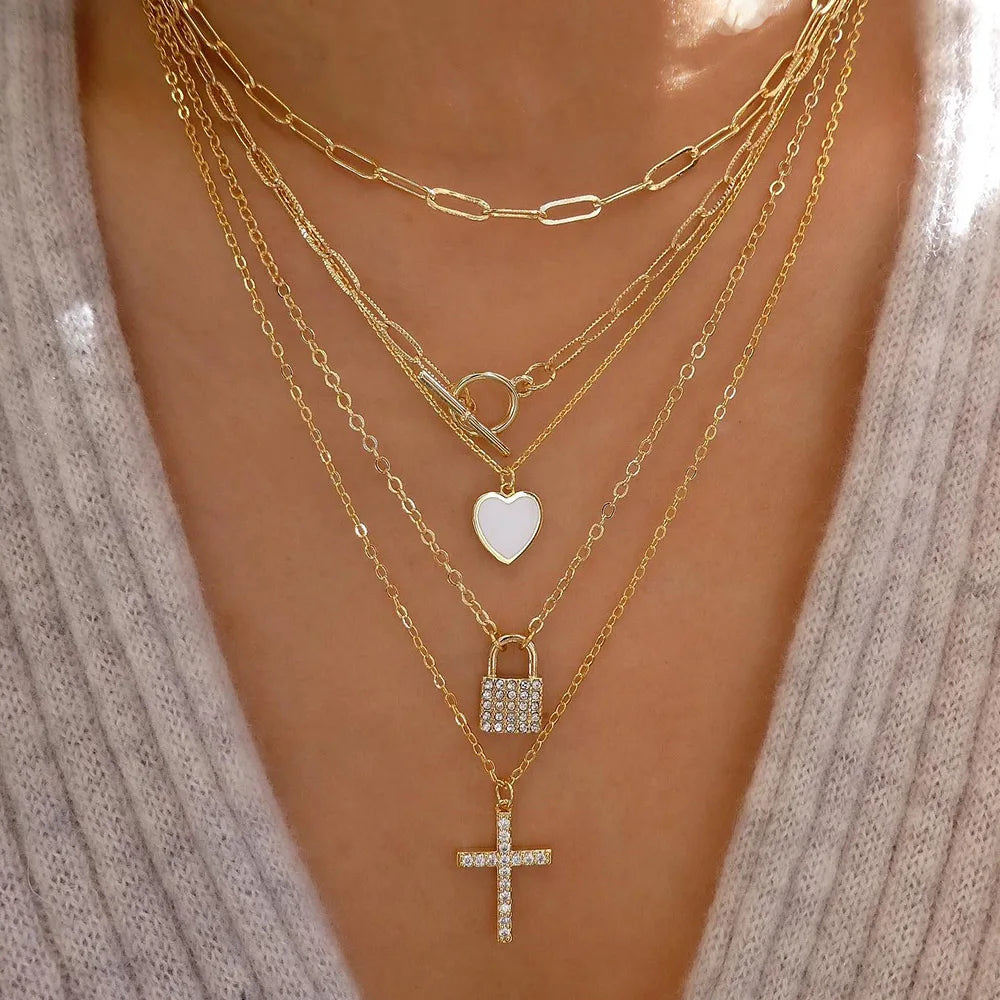 Vintage Gold Color Multiple Styles Necklace For Women Trendy Multi-Layer Disc Pendant Necklaces New Tendyaces Set Jewelry Gif
