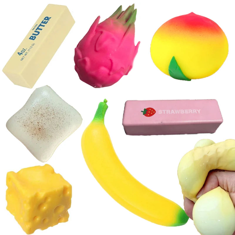 14 Styles Squishy Toys Bread/Butter/Cheese/Fruits Fidget Toys Slow Rebound Anxiety Relief Decompression Toys Stress Ball Gift